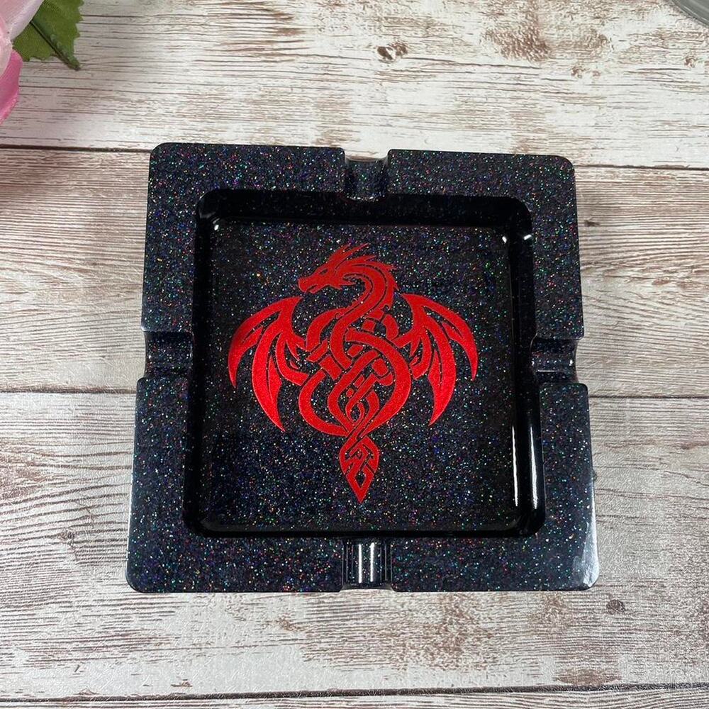 Black Glitter Resin Ashtray with Red Dragon Design